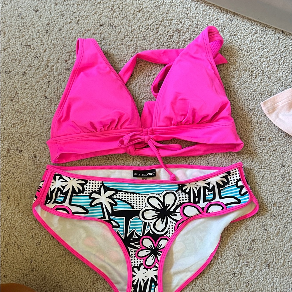Joe Boxer Women’ Bright Pink and Black Floral Bikini